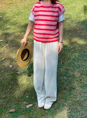 DEBBIE C 条纹领域 chic高腰百搭宽松垂顺白色阔腿裤休闲长裤
