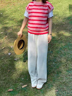 DEBBIE C 条纹领域 chic高腰百搭宽松垂顺白色阔腿裤休闲长裤