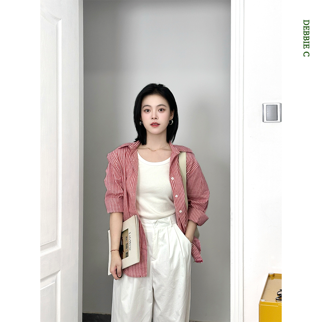 DEBBIE C 粉红条纹 韩系简约百搭宽松休闲长袖衬衫外套上衣女