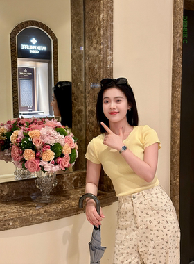 DEBBIE C 蜜桃T ins针织短袖高级修身显瘦百搭黑色坑条T恤上衣女