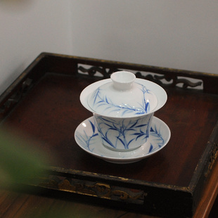 喜悦茶铺/ 青花瓷手绘盖碗 马蹄三才盖碗 工夫茶具茶壶 竹影