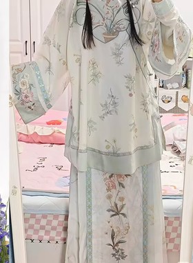 清汉女清代女装清朝古装汉服格格装印花氅衣马面裙两件套套装夏季