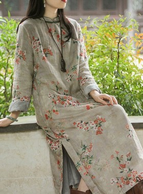 禅意秋冬中国风原创苎麻加绒旗袍文艺宽松盘扣女装加厚袍子连衣裙