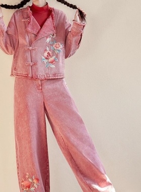 原创民族风刺绣秋季新款中国风刺绣牛仔外套上衣阔腿牛仔裤两件套