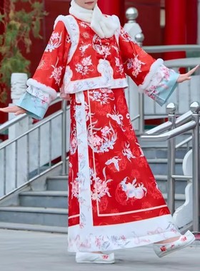 清朝格格服装贵妃清代女装马甲氅衣旗装印花新中式宫廷风套装加厚