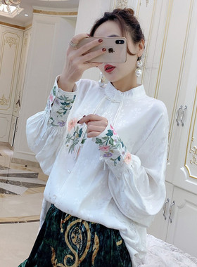 复古中式刺绣宽松长袖衬衫女2022年春季新款提花缎设计感休闲上衣