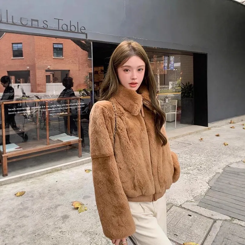 暖冬梦境整皮獭兔毛皮草外套女短款时尚翻领毛毛大衣领子可翻可立