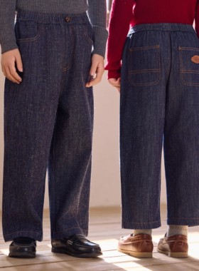 ARF原创 秋冬儿童内里加绒长裤 银狐绒保暖直筒加厚彩点牛仔裤