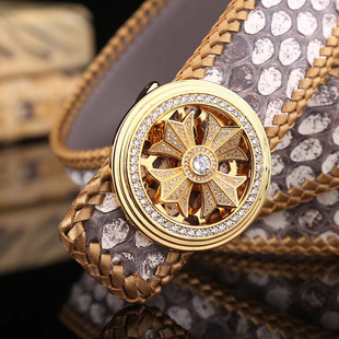 时来运转蟒蛇皮皮带男真皮手工编织金边裤带简约十字旋转扣腰带潮