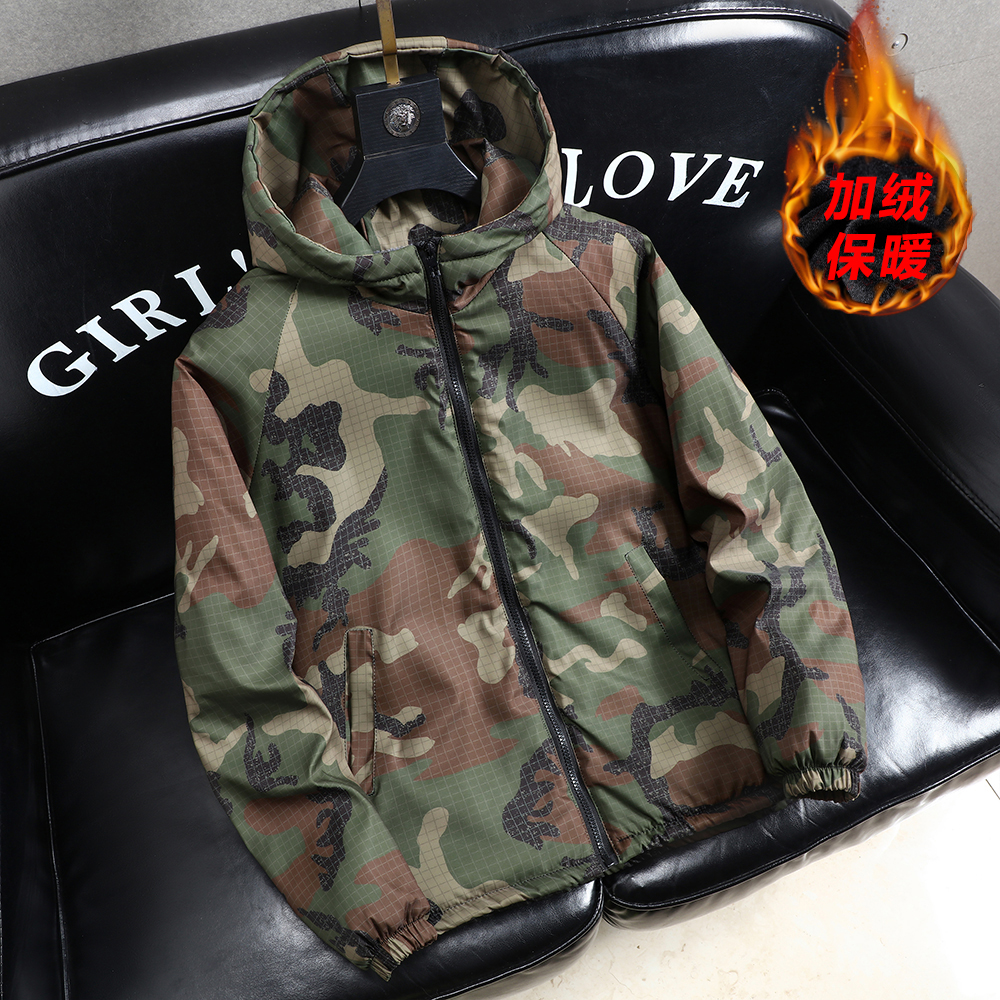 迷彩风连帽加绒加厚保暖棉衣