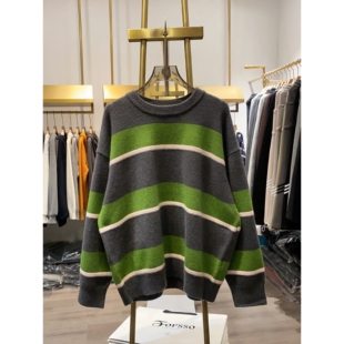 【晓艾档口实拍】美式复古三色宽条纹针织衫女秋冬新款百搭上衣潮