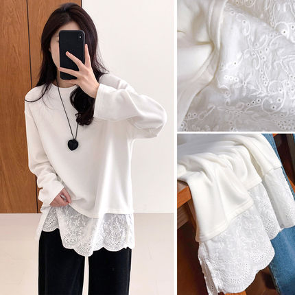 5C9M 卓家韩国巨推荐叠搭圣品仙美蕾丝下摆宽松女士绒感长袖T恤