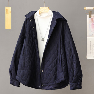 中长款连帽夹棉棉衣女款爆款2025新款菱格宽松休闲轻薄棉服厚外套