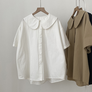复古日式减龄纯色元宝领娃娃领白衬衫女纯棉韩版小众设计短袖衬衣
