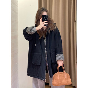 百搭连帽拼色格纹中长款 韩系秋冬新款 纯棉休闲棉服外套女 BLUE