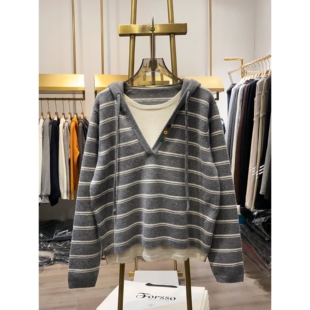 【晓艾档口实拍】韩系三彩扣条纹假两件针织衫女小众设计感上衣潮