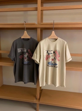 Handwash现货～韩系2025春季新圆领宽松百搭卡通飞机狗狗短袖T恤