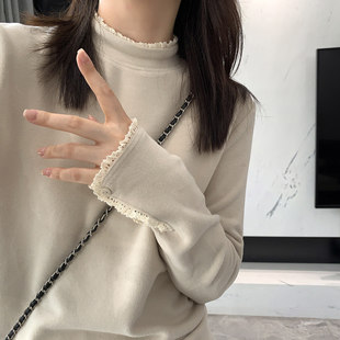 赵可乐~双面暖绒加厚保暖花边半高领正肩打底长袖2025冬甜美内搭