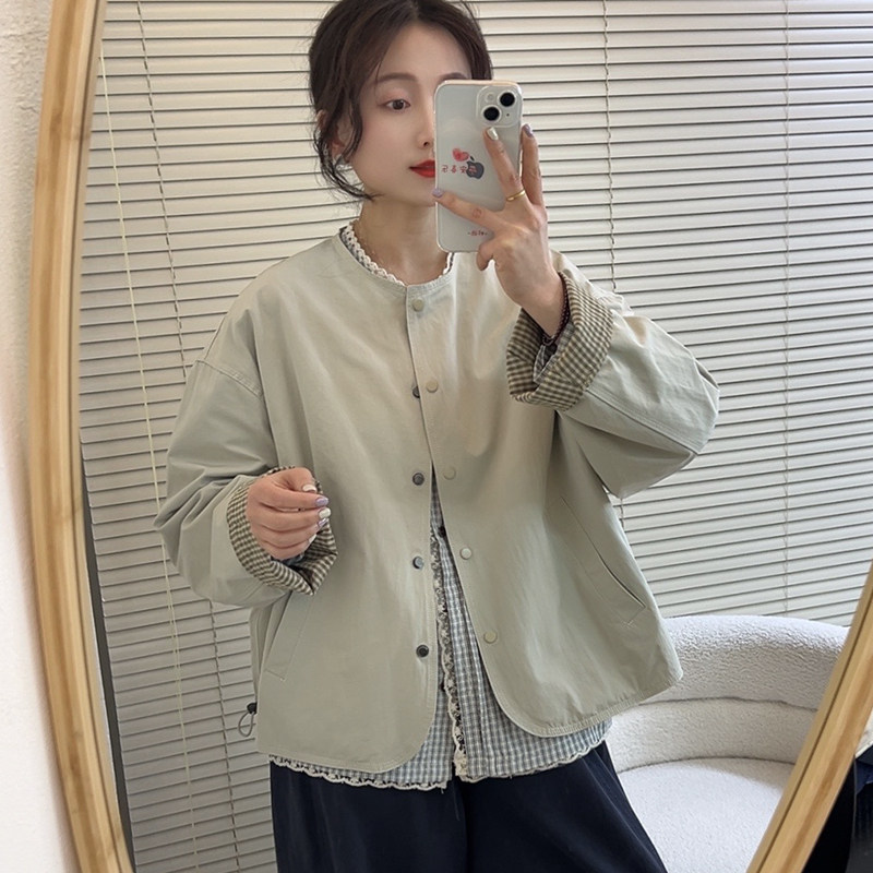 日系简约圆领两面穿短外套女2025春季宽松休闲小个子长袖开衫上衣