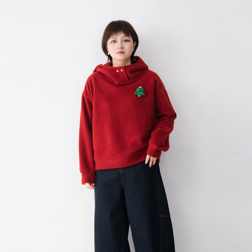 圣诞元旦春节节日氛围感连帽颗粒绒连帽卫衣女云感柔软上衣带胸针