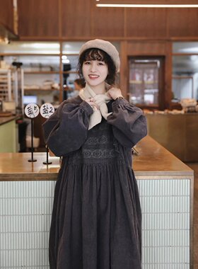 日系女装花边灯芯绒连衣裙甜美森系娃娃裙文艺复古森女风秋冬加厚