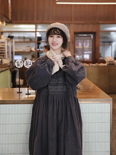 日系女装花边灯芯绒连衣裙甜美森系娃娃裙文艺复古森女风秋冬加厚