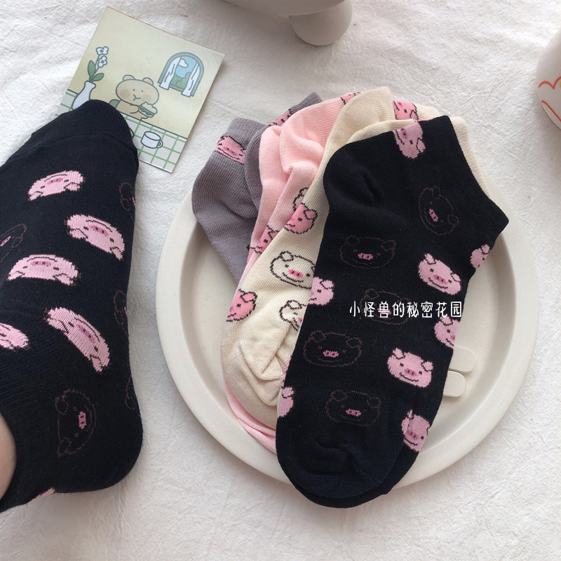 小猪女船袜低帮浅口秋冬季卡通可爱男女短袜子日系纯棉潮厚款ins