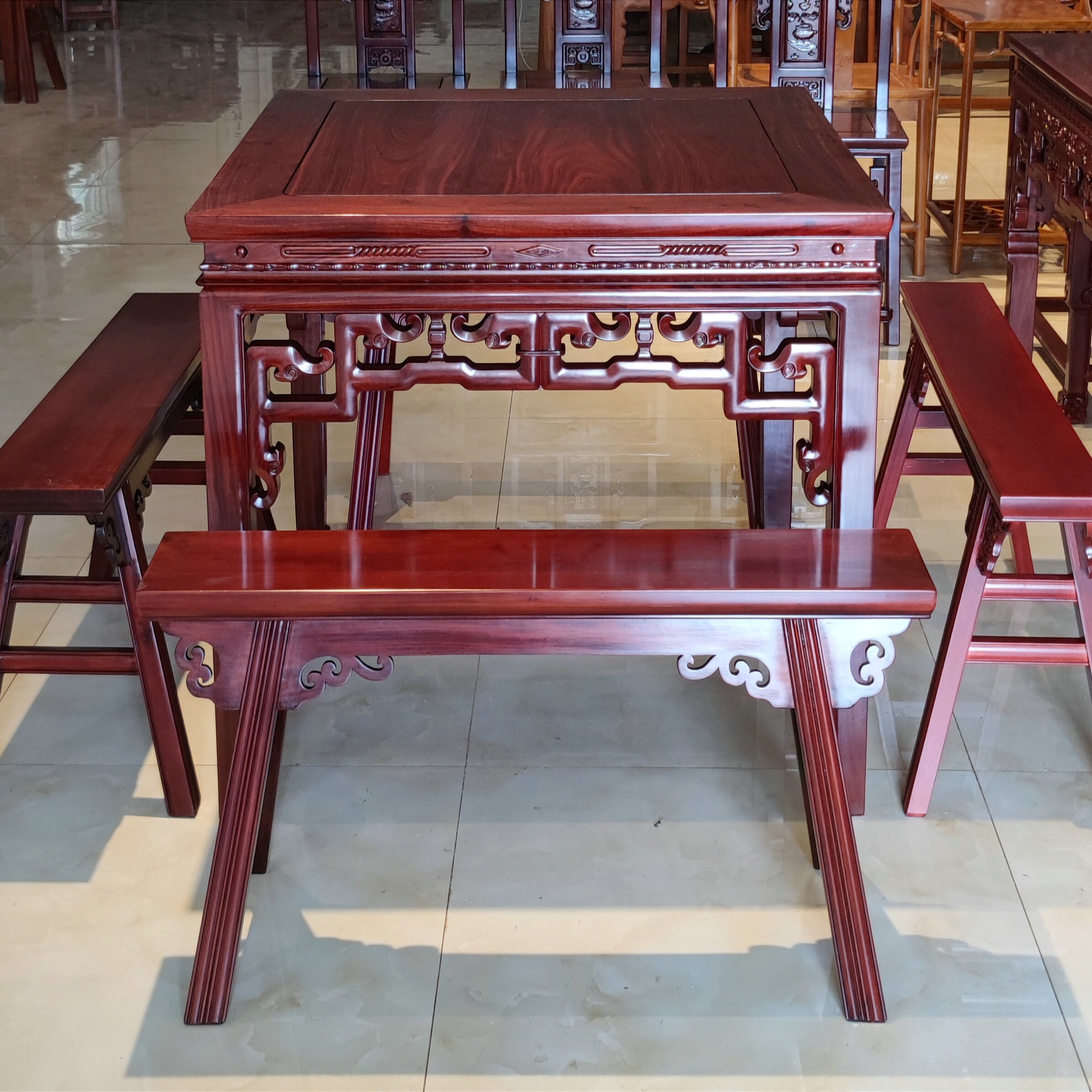 徽派32象鼻八仙桌长板凳花梨木明清中式古典实木家具实用餐桌方桌