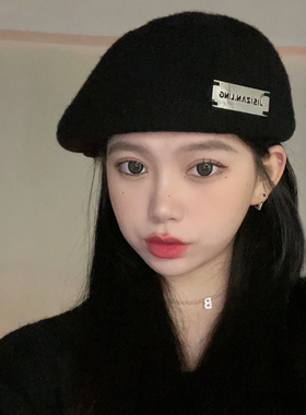 大头围反戴前进帽女秋冬显脸小黑色贝雷帽英伦复古小众时尚报童帽
