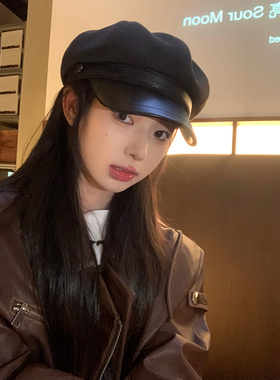 黑色毛呢PU皮质八角帽女款秋冬季显脸小鸭嘴贝雷帽潮韩国百搭女士