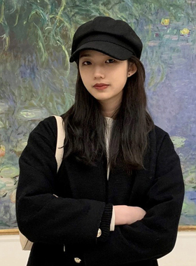 韩版毛呢贝雷帽子女显脸小文艺复古报童画家帽百搭黑色八角帽英伦