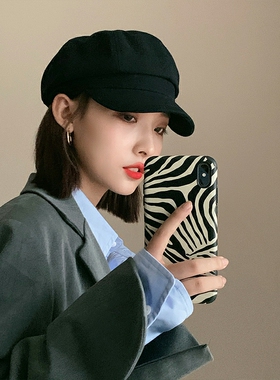 黑色鸭舌蓓蕾帽女款春夏鸭舌贝雷画家帽日系百搭纯色鸭嘴帽秋季潮