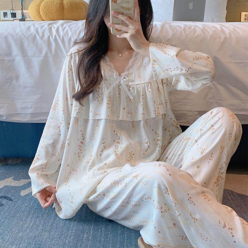 春夏秋季棉绸睡衣女2025新品防凸点长袖套头花边中青年甜美家居服