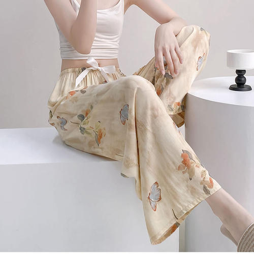 新款睡裤女夏季薄款棉绸人造棉家居裤可外穿胖MM大码长裤阔腿裤夏