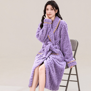 2025秋冬季新款简约女款珊瑚绒保暖睡袍中长款性感浴袍女士睡裙