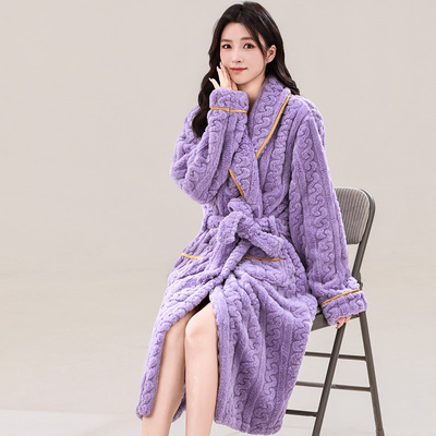 2025秋冬季新款简约女款珊瑚绒保暖睡袍中长款性感浴袍女士睡裙