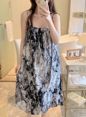 人造棉睡裙女夏季绵绸薄款性感吊带可爱睡衣条纹家居服棉绸连衣裙