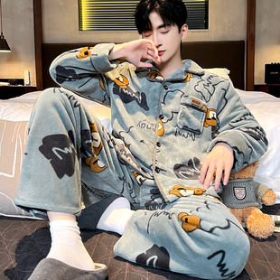冬季法兰绒睡衣男宽松加厚舒适珊瑚绒保暖可外穿学生卡通家居服新