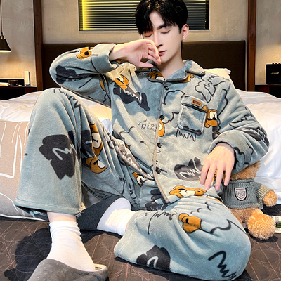 冬季法兰绒睡衣男宽松加厚舒适珊瑚绒保暖可外穿学生卡通家居服新