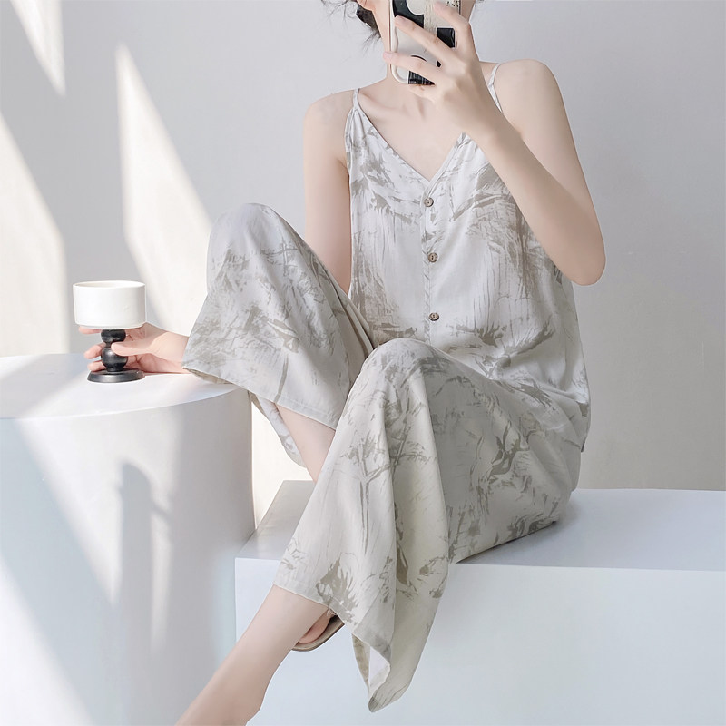 棉绸睡衣女士夏季吊带九分裤绵绸两件套家居服宽松开衫套装可外穿