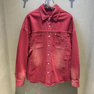 Fun潮牌国内专柜代购25年早春新款红色喜庆翻领牛仔衬衫FMC45101R