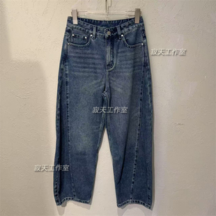 Fun25秋冬季潮牌个性设计款弯刀裤深蓝色牛仔女长裤BTK953A2L/B