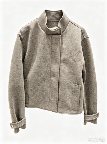 Calvin Klein CK女立领短款夹克 灰色刺绣logo通勤外套 47J522G