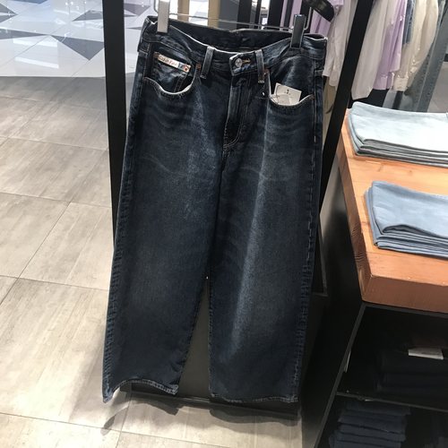 CK深蓝高腰阔腿九分牛仔裤女