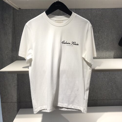 Calvin Klein 白色纯棉短袖T恤胸前手写体LOGO印花 款号4RF822G