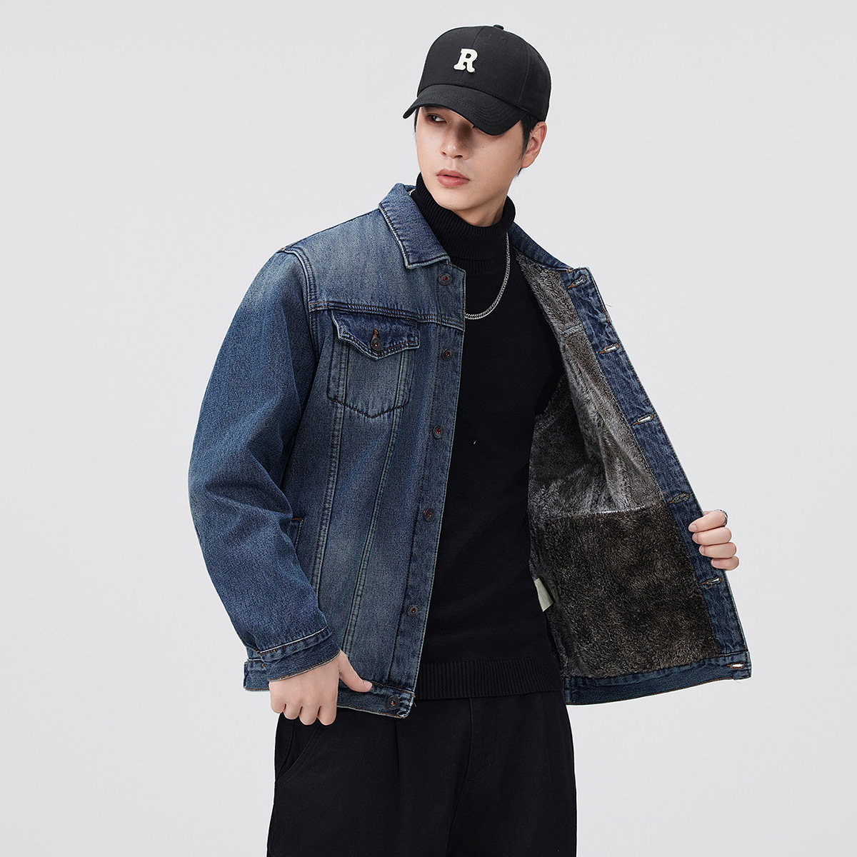 美式复古怀旧高端加绒牛仔外套男潮牌秋冬工装夹克棉服牛仔衣男装