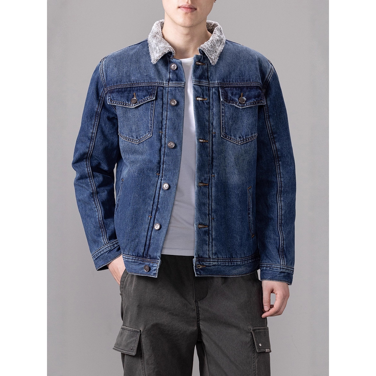 秋冬加绒新款男式牛仔外套 男款时尚内里印花牛仔夹克衫厂家货源