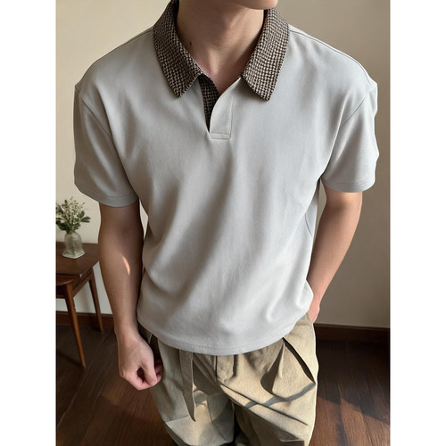 干鸟格拼接polo衫松弛短袖男夏季Cleanfit宽松老钱风棉质休闲T恤