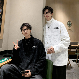 扎染半高领德绒长袖秋冬新款潮牌内搭青少年宽松打底衫男重磅男士