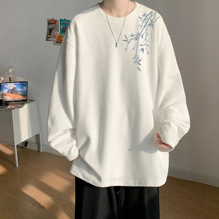 新款 男生t恤春季 青少年潮牌宽松圆领内搭 打底衫 纯棉重磅休闲长袖